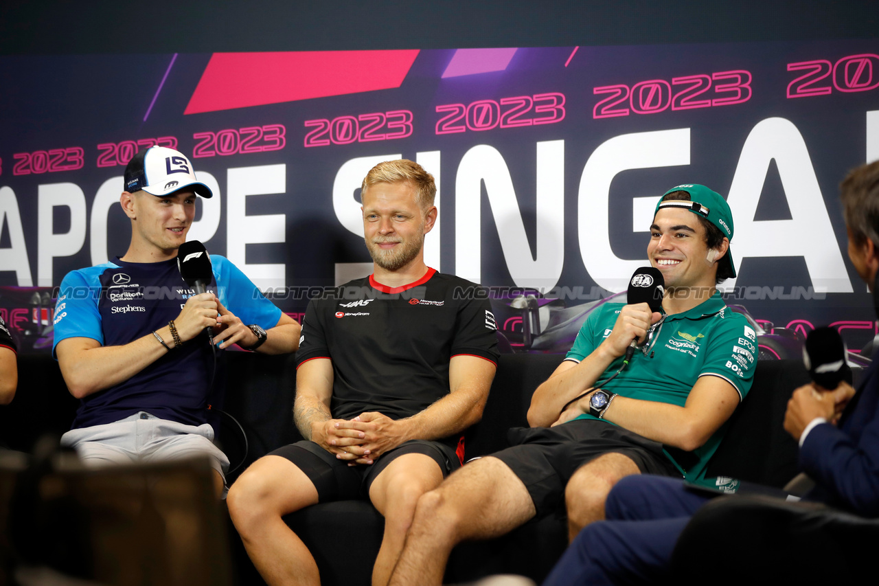 GP SINGAPORE, (L to R): Logan Sargeant (USA) Williams Racing; Kevin Magnussen (DEN) Haas F1 Team; e Lance Stroll (CDN) Aston Martin F1 Team, in the FIA Press Conference.

14.09.2023. Formula 1 World Championship, Rd 16, Singapore Grand Prix, Marina Bay Street Circuit, Singapore, Preparation Day.

- www.xpbimages.com, EMail: requests@xpbimages.com © Copyright: XPB Images