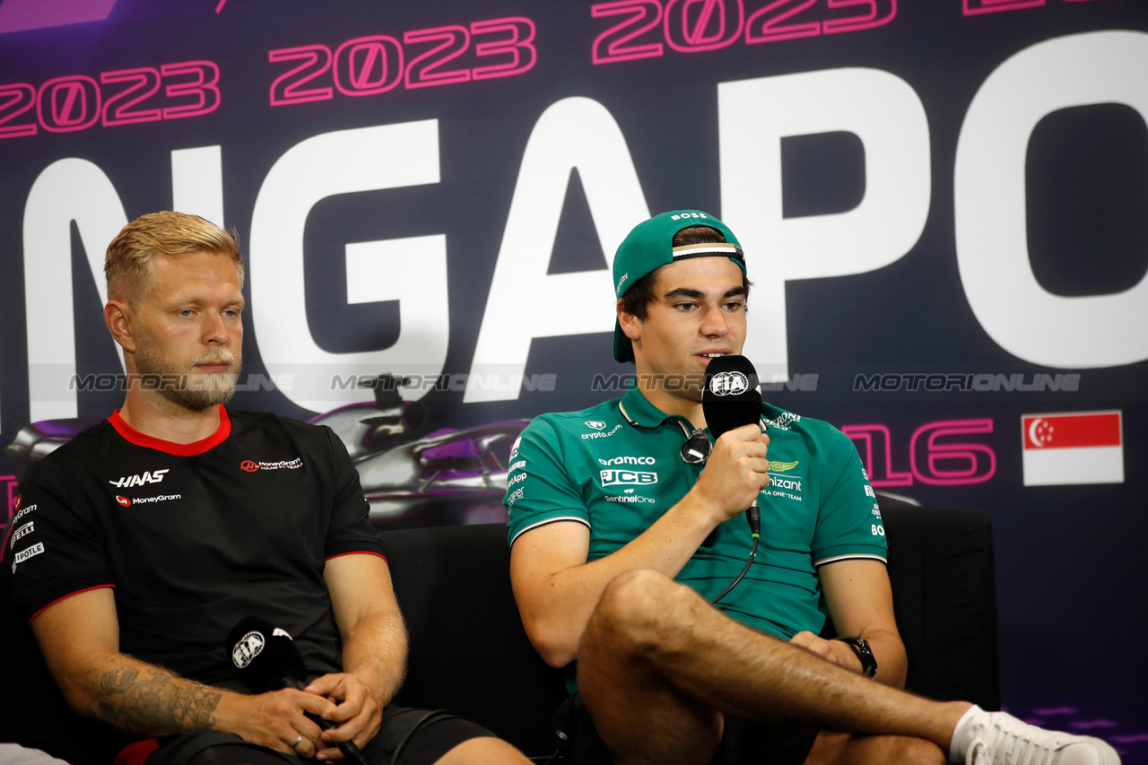 GP SINGAPORE, (L to R): Kevin Magnussen (DEN) Haas F1 Team e Lance Stroll (CDN) Aston Martin F1 Team in the FIA Press Conference.

14.09.2023. Formula 1 World Championship, Rd 16, Singapore Grand Prix, Marina Bay Street Circuit, Singapore, Preparation Day.

- www.xpbimages.com, EMail: requests@xpbimages.com © Copyright: XPB Images