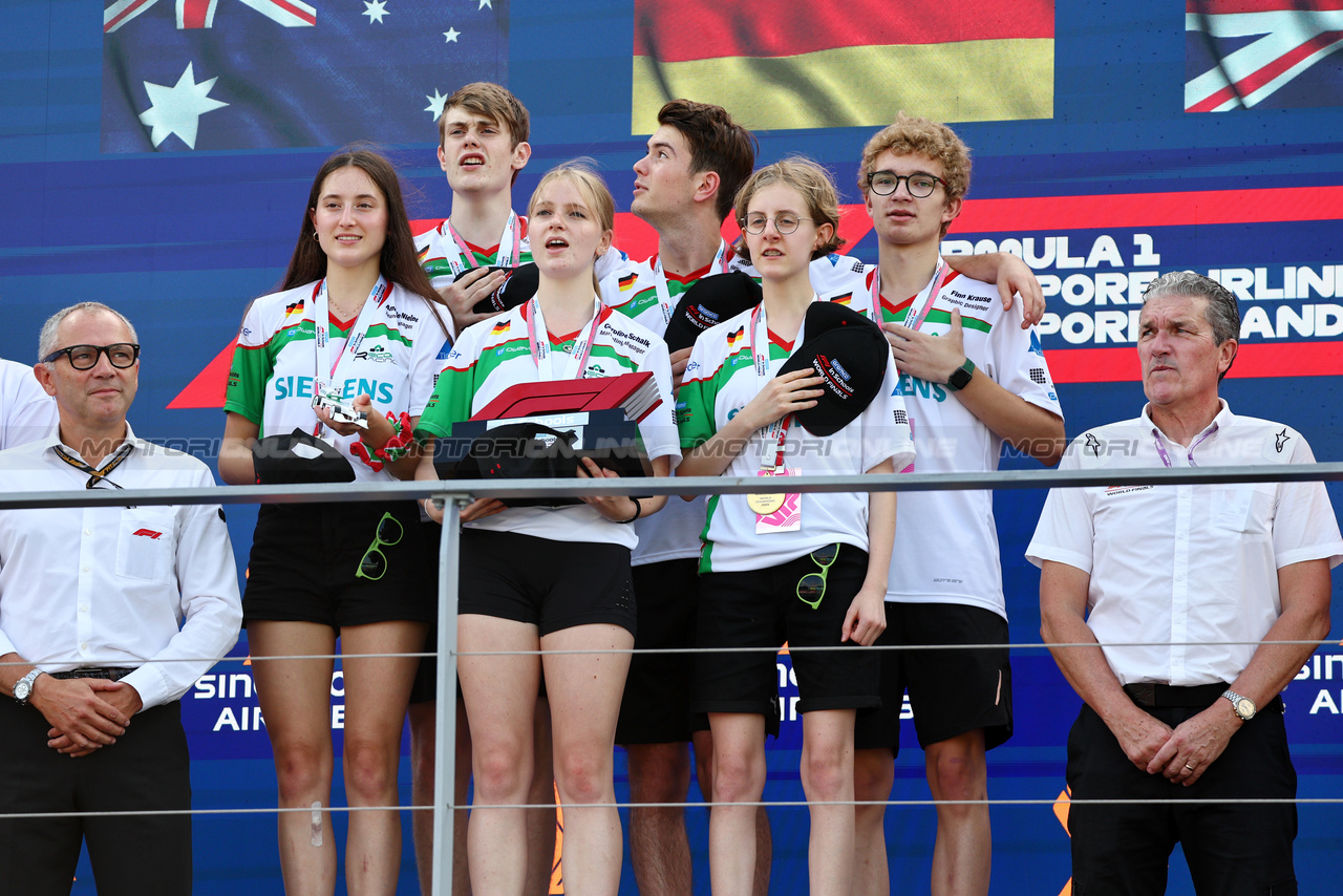 GP SINGAPORE, Winners Germany celebrate on the F1 in Schools World Finals podium.

16.09.2023. Formula 1 World Championship, Rd 16, Singapore Grand Prix, Marina Bay Street Circuit, Singapore, Qualifiche Day.

- www.xpbimages.com, EMail: requests@xpbimages.com © Copyright: Batchelor / XPB Images