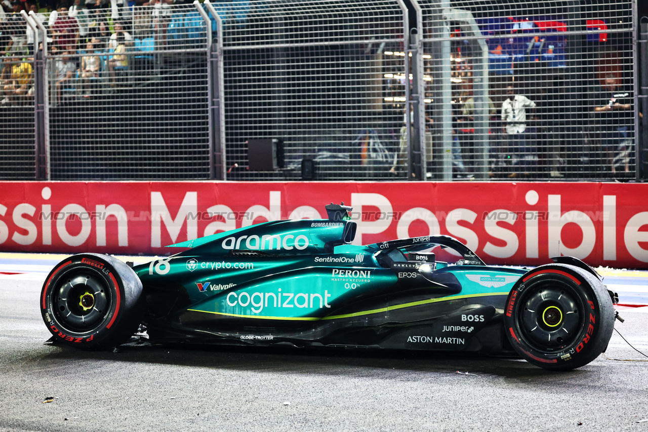 GP SINGAPORE, Lance Stroll (CDN) Aston Martin F1 Team AMR23 crashed in qualifying.

16.09.2023. Formula 1 World Championship, Rd 16, Singapore Grand Prix, Marina Bay Street Circuit, Singapore, Qualifiche Day.

- www.xpbimages.com, EMail: requests@xpbimages.com © Copyright: Batchelor / XPB Images