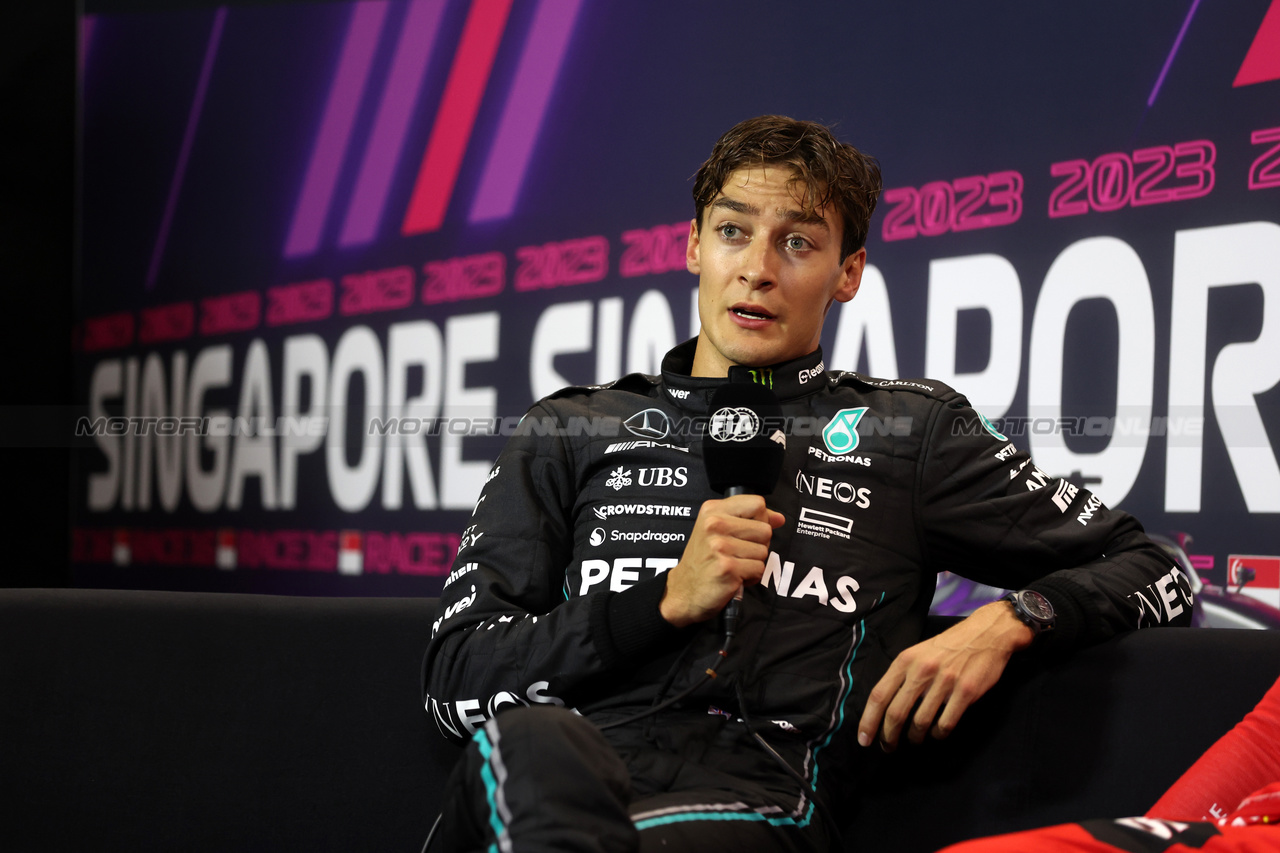 GP SINGAPORE, George Russell (GBR) Mercedes AMG F1 in the post qualifying FIA Press Conference.

16.09.2023. Formula 1 World Championship, Rd 16, Singapore Grand Prix, Marina Bay Street Circuit, Singapore, Qualifiche Day.

- www.xpbimages.com, EMail: requests@xpbimages.com © Copyright: XPB Images