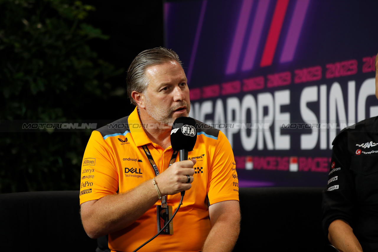 GP SINGAPORE, Zak Brown (USA) McLaren Executive Director in the FIA Press Conference.

15.09.2023. Formula 1 World Championship, Rd 16, Singapore Grand Prix, Marina Bay Street Circuit, Singapore, Practice Day.

- www.xpbimages.com, EMail: requests@xpbimages.com © Copyright: XPB Images