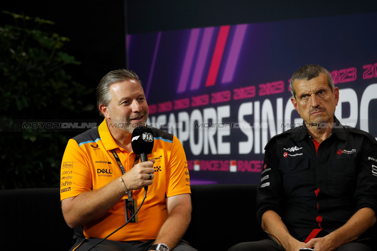 GP SINGAPORE, Zak Brown (USA) McLaren Executive Director in the FIA Press Conference.

15.09.2023. Formula 1 World Championship, Rd 16, Singapore Grand Prix, Marina Bay Street Circuit, Singapore, Practice Day.

- www.xpbimages.com, EMail: requests@xpbimages.com © Copyright: XPB Images