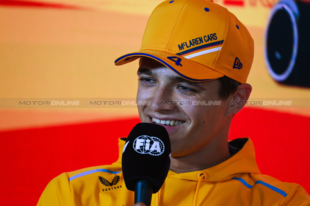 GP SPAGNA, Lando Norris (GBR) McLaren in the FIA Press Conference.

01.06.2023. Formula 1 World Championship, Rd 8, Spanish Grand Prix, Barcelona, Spain, Preparation Day.

- www.xpbimages.com, EMail: requests@xpbimages.com ¬© Copyright: XPB Images