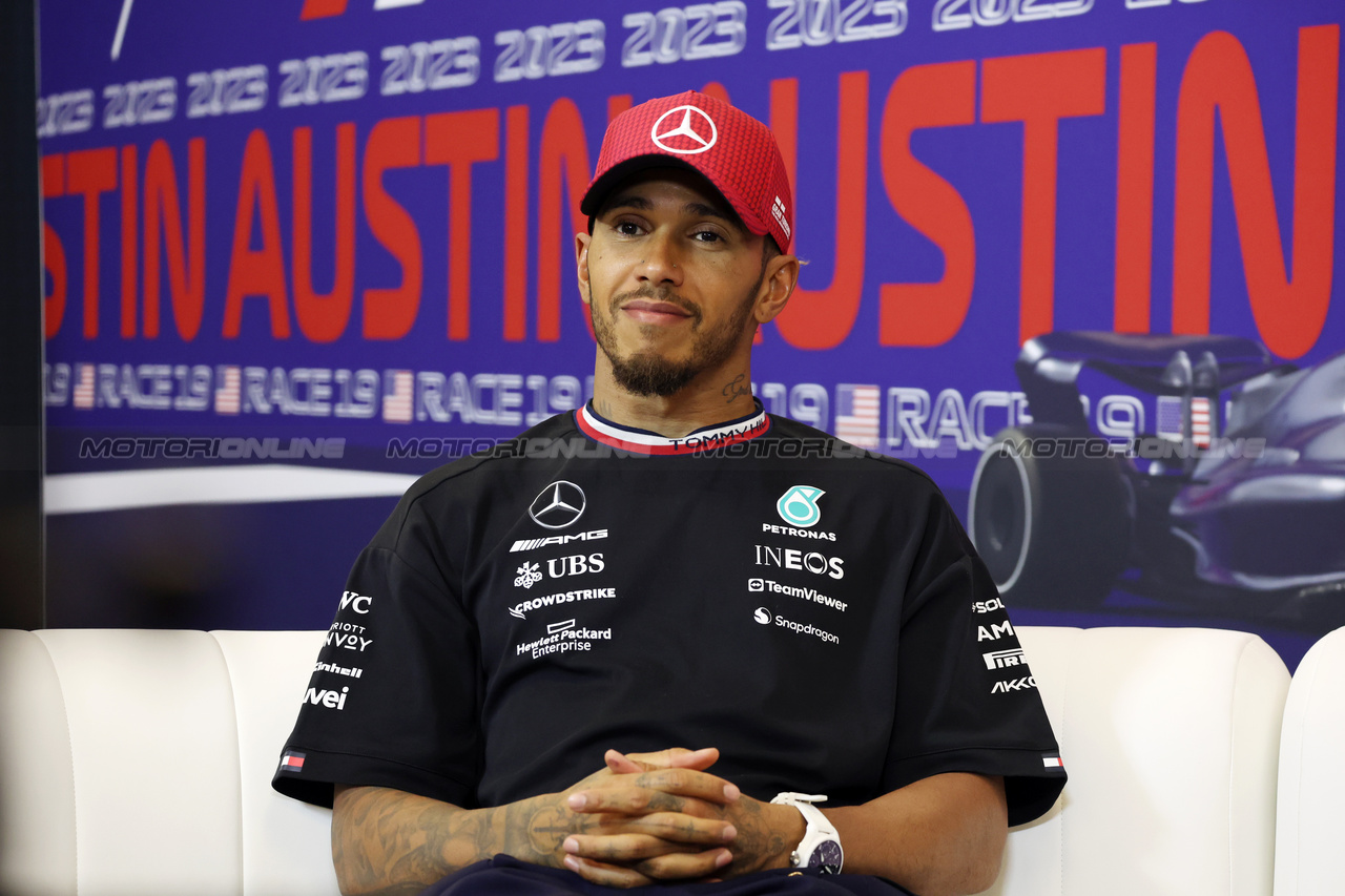 GP STATI UNITI, Lewis Hamilton (GBR) Mercedes AMG F1 in the post race FIA Press Conference.

22.10.2023. Formula 1 World Championship, Rd 19, United States Grand Prix, Austin, Texas, USA, Gara Day.

- www.xpbimages.com, EMail: requests@xpbimages.com © Copyright: Bearne / XPB Images