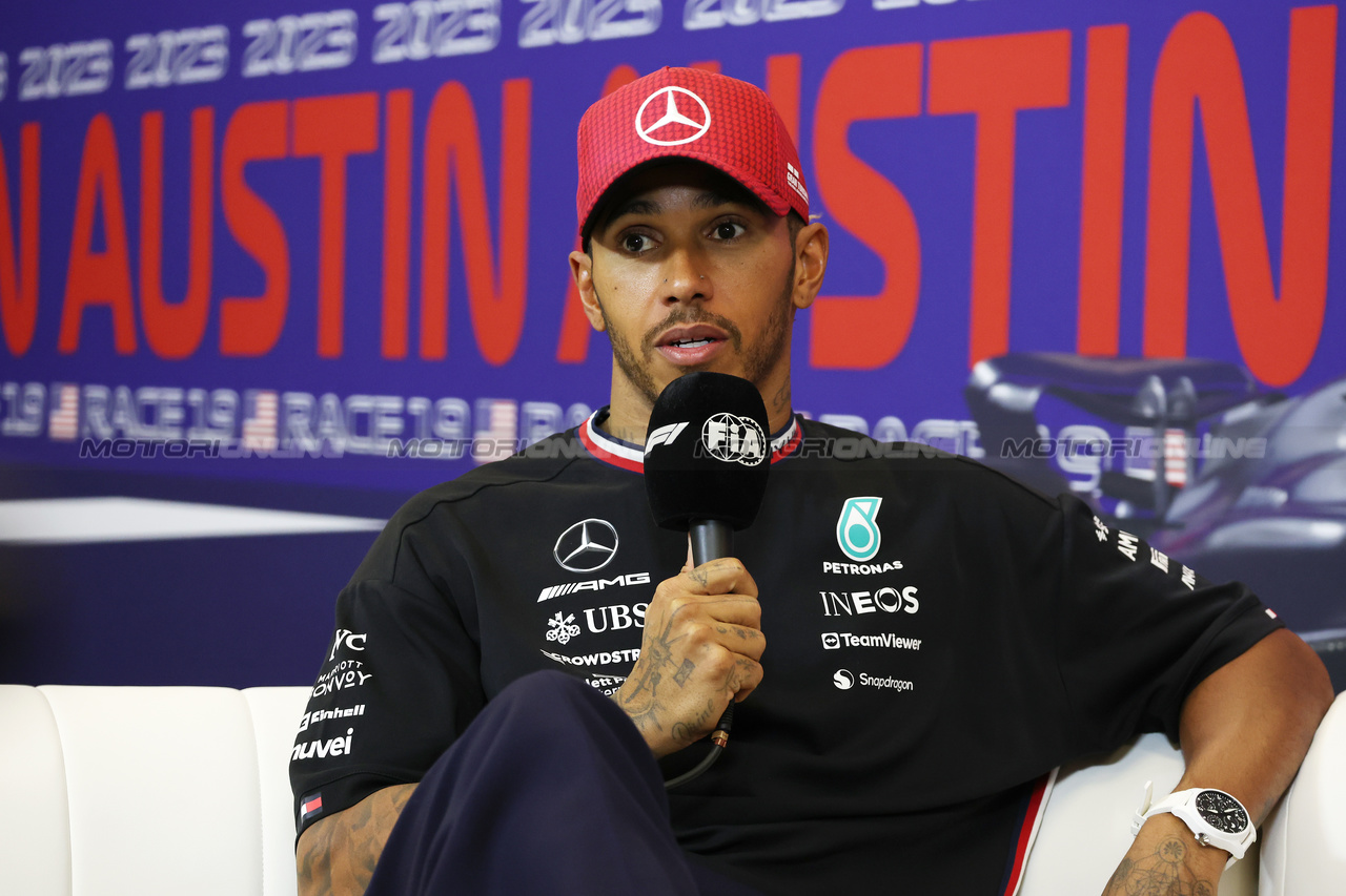 GP STATI UNITI, Lewis Hamilton (GBR) Mercedes AMG F1 in the post race FIA Press Conference.

22.10.2023. Formula 1 World Championship, Rd 19, United States Grand Prix, Austin, Texas, USA, Gara Day.

- www.xpbimages.com, EMail: requests@xpbimages.com © Copyright: Bearne / XPB Images