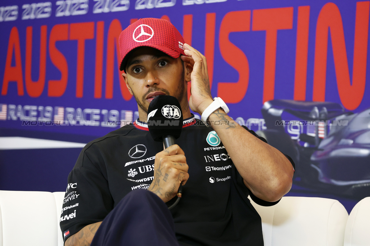 GP STATI UNITI, Lewis Hamilton (GBR) Mercedes AMG F1 in the post race FIA Press Conference.

22.10.2023. Formula 1 World Championship, Rd 19, United States Grand Prix, Austin, Texas, USA, Gara Day.

- www.xpbimages.com, EMail: requests@xpbimages.com © Copyright: Bearne / XPB Images