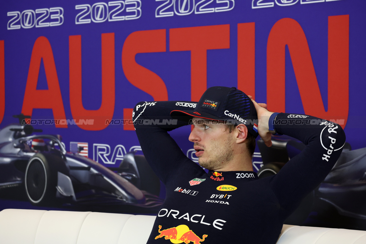 GP STATI UNITI, Max Verstappen (NLD) Red Bull Racing in the post race FIA Press Conference.

22.10.2023. Formula 1 World Championship, Rd 19, United States Grand Prix, Austin, Texas, USA, Gara Day.

- www.xpbimages.com, EMail: requests@xpbimages.com © Copyright: Bearne / XPB Images