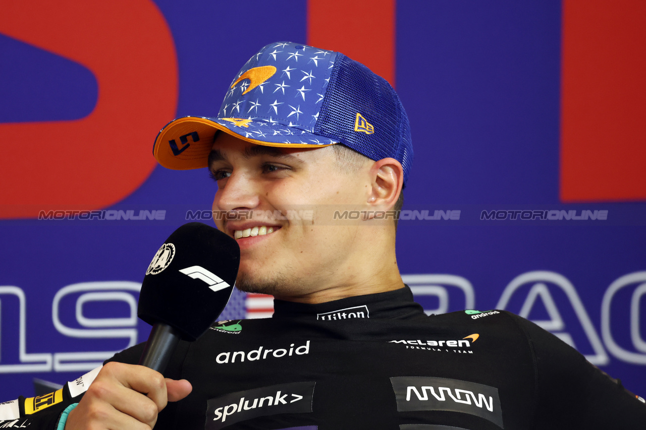 GP STATI UNITI, Lando Norris (GBR) McLaren in the post race FIA Press Conference.

22.10.2023. Formula 1 World Championship, Rd 19, United States Grand Prix, Austin, Texas, USA, Gara Day.

- www.xpbimages.com, EMail: requests@xpbimages.com © Copyright: Bearne / XPB Images