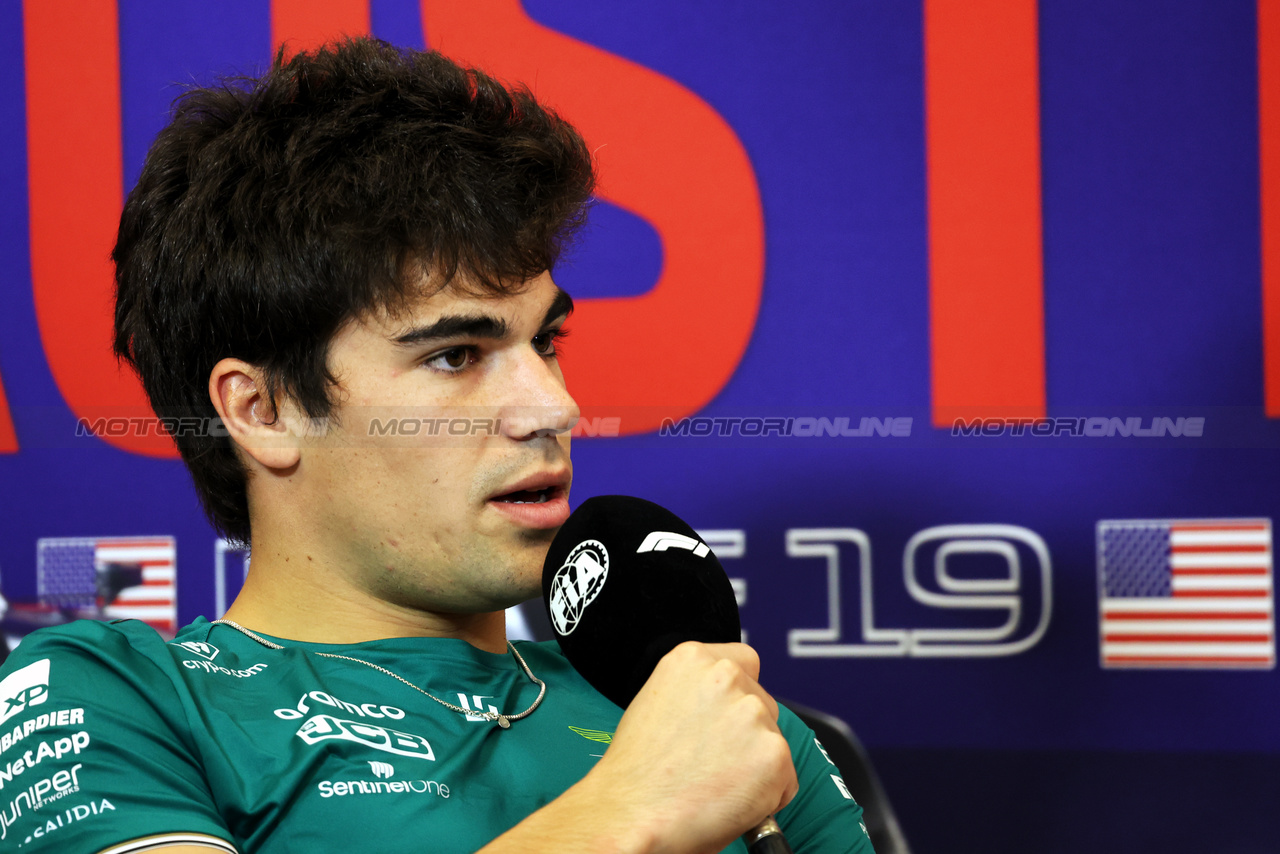 GP STATI UNITI, Lance Stroll (CDN) Aston Martin F1 Team in the FIA Press Conference.

19.10.2023. Formula 1 World Championship, Rd 19, United States Grand Prix, Austin, Texas, USA, Preparation Day.

- www.xpbimages.com, EMail: requests@xpbimages.com © Copyright: Bearne / XPB Images