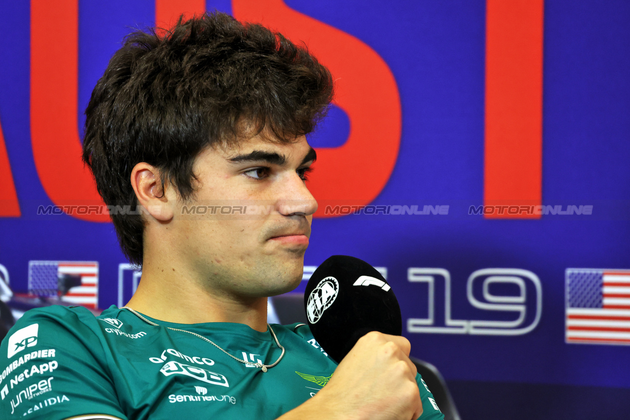 GP STATI UNITI, Lance Stroll (CDN) Aston Martin F1 Team in the FIA Press Conference.

19.10.2023. Formula 1 World Championship, Rd 19, United States Grand Prix, Austin, Texas, USA, Preparation Day.

- www.xpbimages.com, EMail: requests@xpbimages.com © Copyright: Bearne / XPB Images