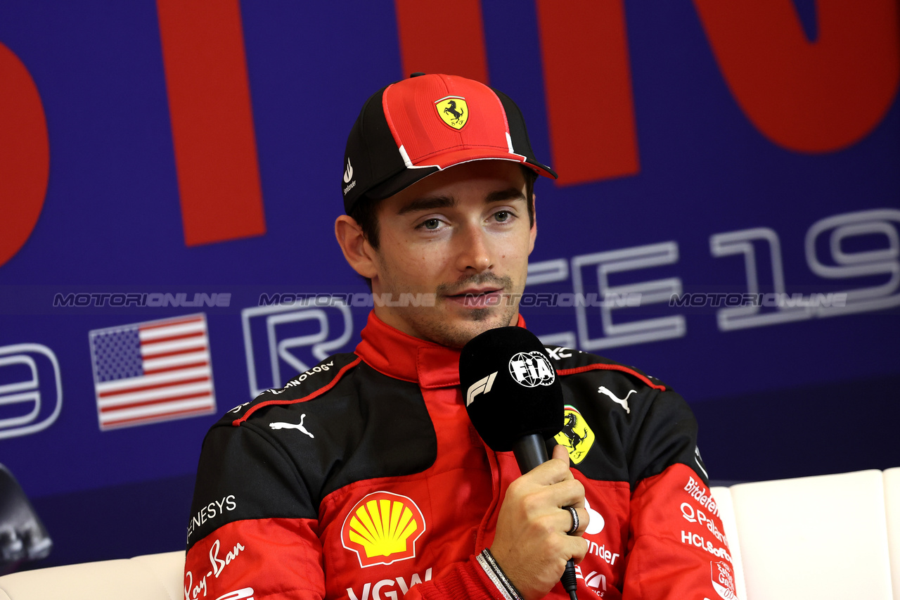GP STATI UNITI, Charles Leclerc (MON) Ferrari in the post Sprint FIA Press Conference.

21.10.2023. Formula 1 World Championship, Rd 19, United States Grand Prix, Austin, Texas, USA, Sprint Day.

- www.xpbimages.com, EMail: requests@xpbimages.com © Copyright: Bearne / XPB Images