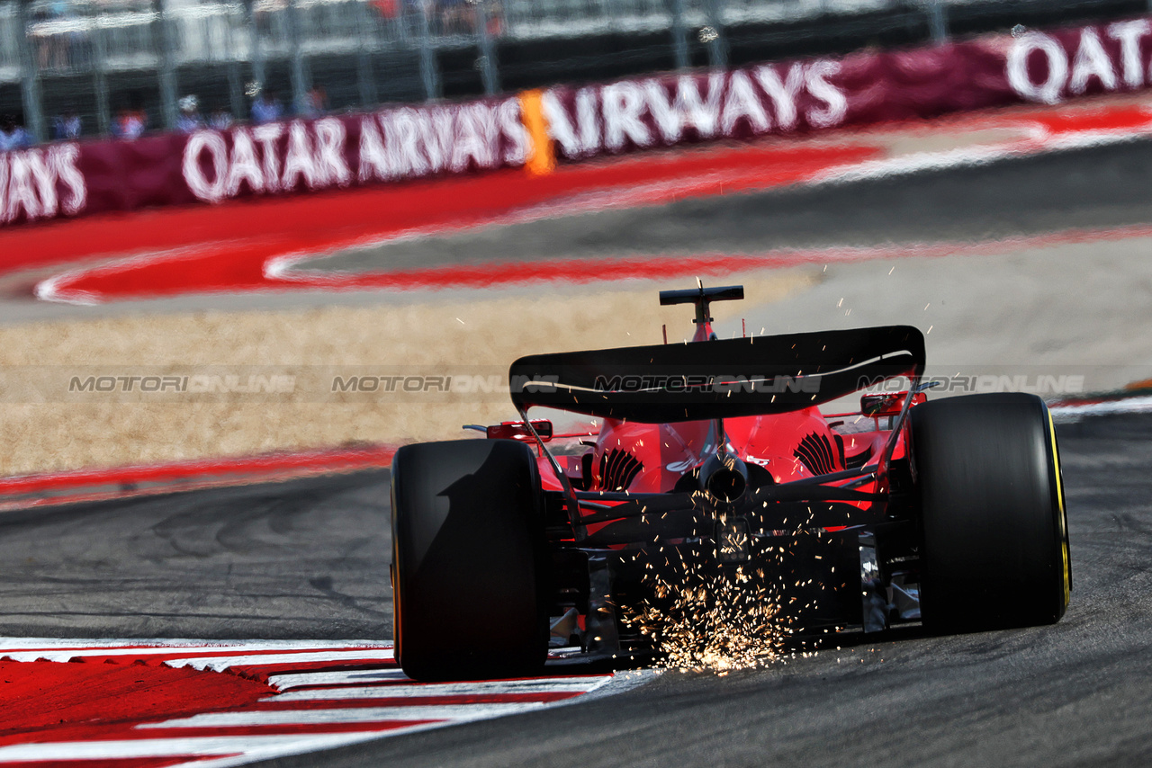 GP STATI UNITI, Charles Leclerc (MON) Ferrari SF-23 sends sparks flying.

21.10.2023. Formula 1 World Championship, Rd 19, United States Grand Prix, Austin, Texas, USA, Sprint Day.

 - www.xpbimages.com, EMail: requests@xpbimages.com © Copyright: Coates / XPB Images