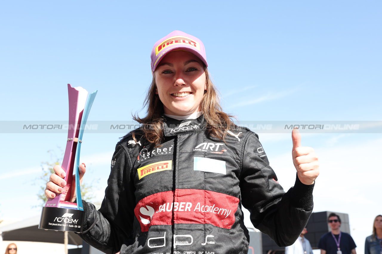GP STATI UNITI, Lena Buhler (SUI) ART celebrates her third position.

21.10.2023. F1 Academy, Rd 7, Gara 1, Austin, Texas, USA.

- www.xpbimages.com, EMail: requests@xpbimages.com © Copyright: Bearne / XPB Images

