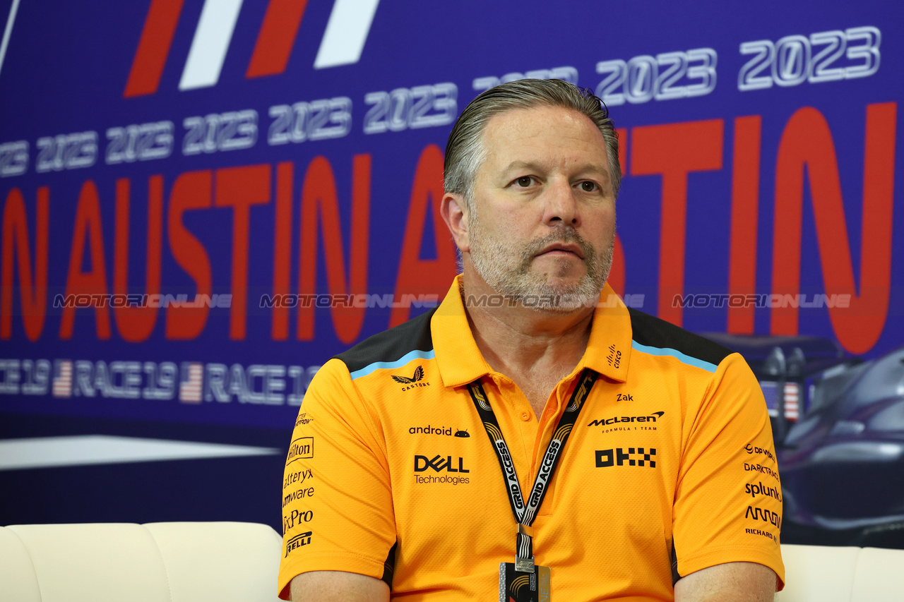 GP STATI UNITI, Zak Brown (USA) McLaren Executive Director in the FIA Press Conference.

20.10.2023. Formula 1 World Championship, Rd 19, United States Grand Prix, Austin, Texas, USA, Qualifiche Day

- www.xpbimages.com, EMail: requests@xpbimages.com © Copyright: Bearne / XPB Images