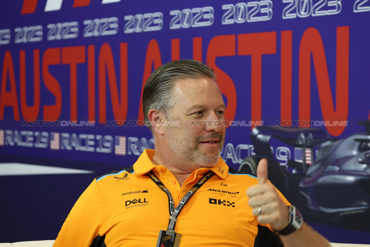 GP STATI UNITI, Zak Brown (USA) McLaren Executive Director in the FIA Press Conference.

20.10.2023. Formula 1 World Championship, Rd 19, United States Grand Prix, Austin, Texas, USA, Qualifiche Day

- www.xpbimages.com, EMail: requests@xpbimages.com © Copyright: Bearne / XPB Images