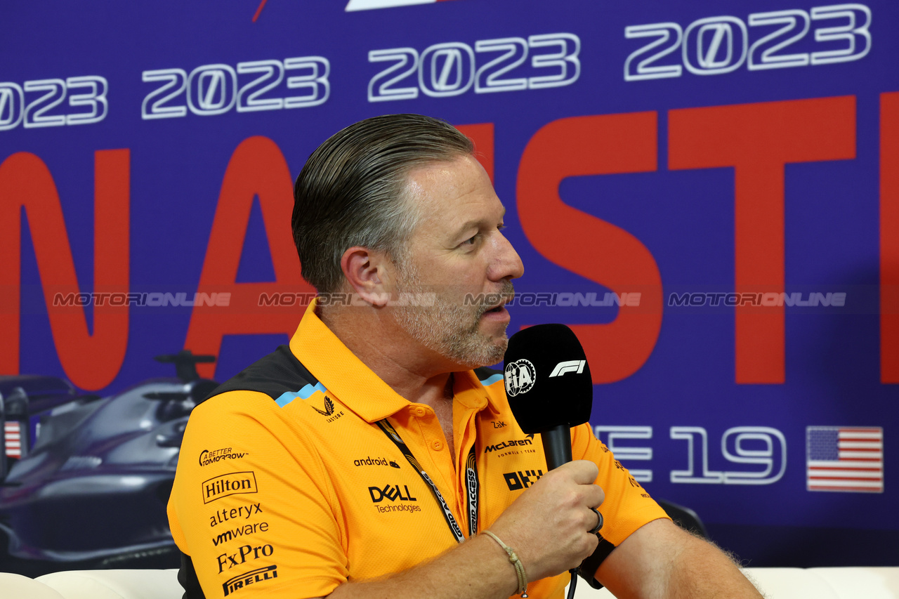 GP STATI UNITI, Zak Brown (USA) McLaren Executive Director in the FIA Press Conference.

20.10.2023. Formula 1 World Championship, Rd 19, United States Grand Prix, Austin, Texas, USA, Qualifiche Day

- www.xpbimages.com, EMail: requests@xpbimages.com © Copyright: Bearne / XPB Images