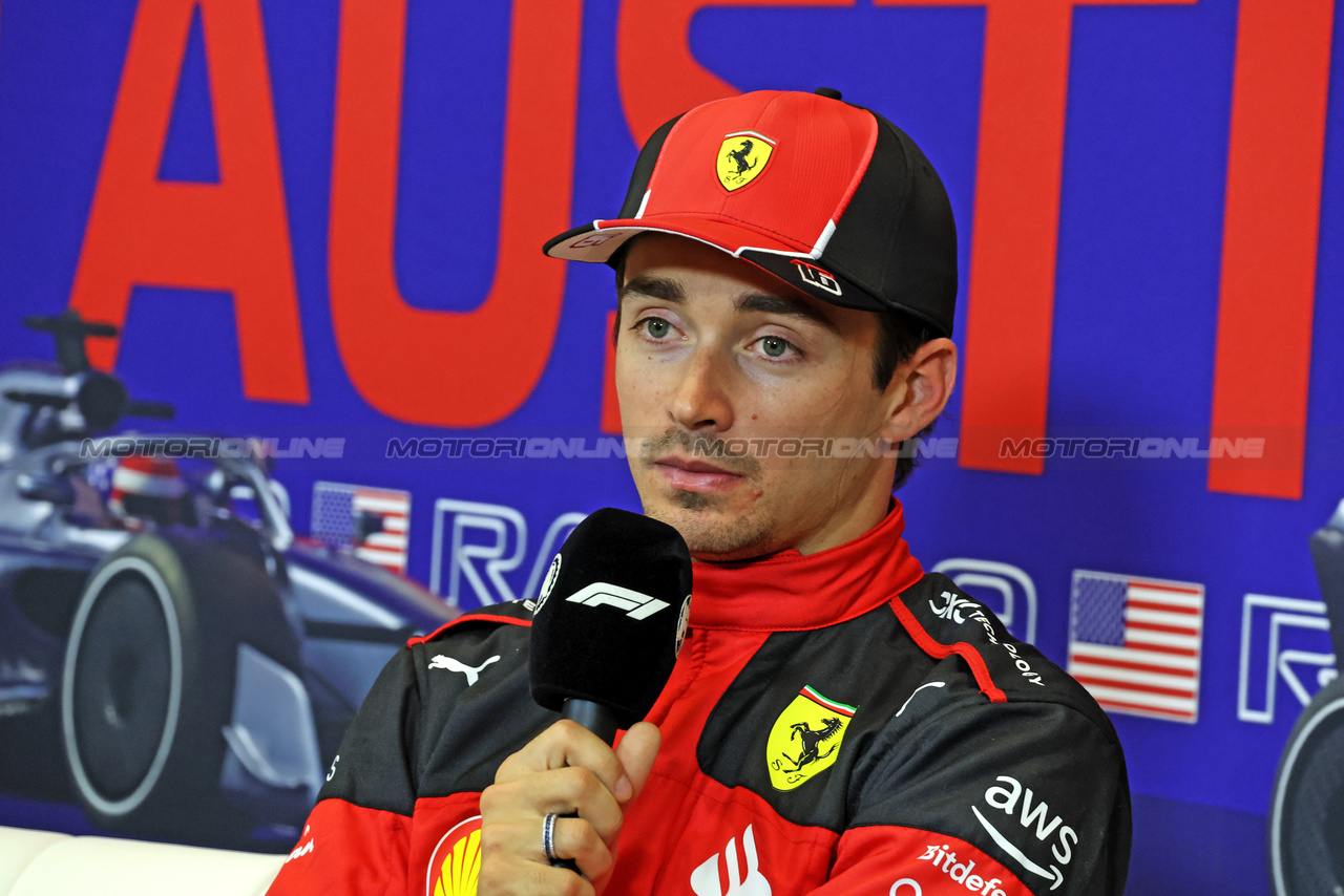 GP STATI UNITI, Charles Leclerc (MON) Ferrari in the post qualifying FIA Press Conference.

20.10.2023. Formula 1 World Championship, Rd 19, United States Grand Prix, Austin, Texas, USA, Qualifiche Day

- www.xpbimages.com, EMail: requests@xpbimages.com © Copyright: Bearne / XPB Images