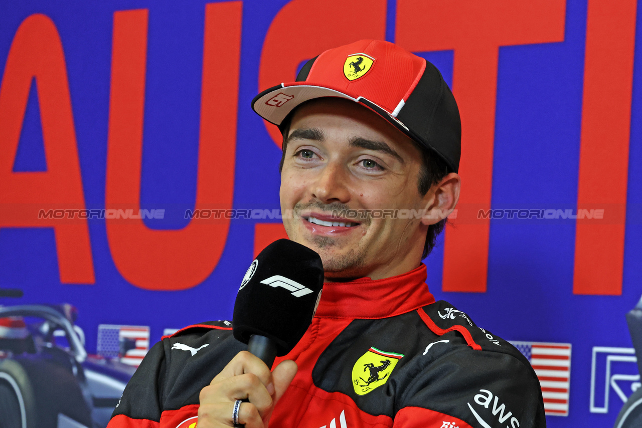 GP STATI UNITI, Charles Leclerc (MON) Ferrari in the post qualifying FIA Press Conference.

20.10.2023. Formula 1 World Championship, Rd 19, United States Grand Prix, Austin, Texas, USA, Qualifiche Day

- www.xpbimages.com, EMail: requests@xpbimages.com © Copyright: Bearne / XPB Images