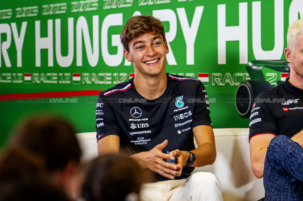 GP UNGHERIA, George Russell (GBR) Mercedes AMG F1 in the FIA Press Conference.

20.07.2023. Formula 1 World Championship, Rd 12, Hungarian Grand Prix, Budapest, Hungary, Preparation Day.

- www.xpbimages.com, EMail: requests@xpbimages.com © Copyright: XPB Images