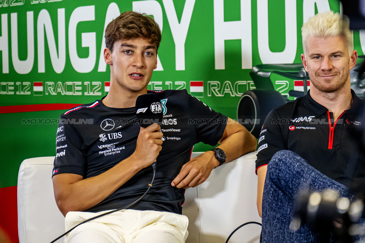 GP UNGHERIA, (L to R): George Russell (GBR) Mercedes AMG F1 e Nico Hulkenberg (GER) Haas F1 Team in the FIA Press Conference.

20.07.2023. Formula 1 World Championship, Rd 12, Hungarian Grand Prix, Budapest, Hungary, Preparation Day.

- www.xpbimages.com, EMail: requests@xpbimages.com © Copyright: XPB Images