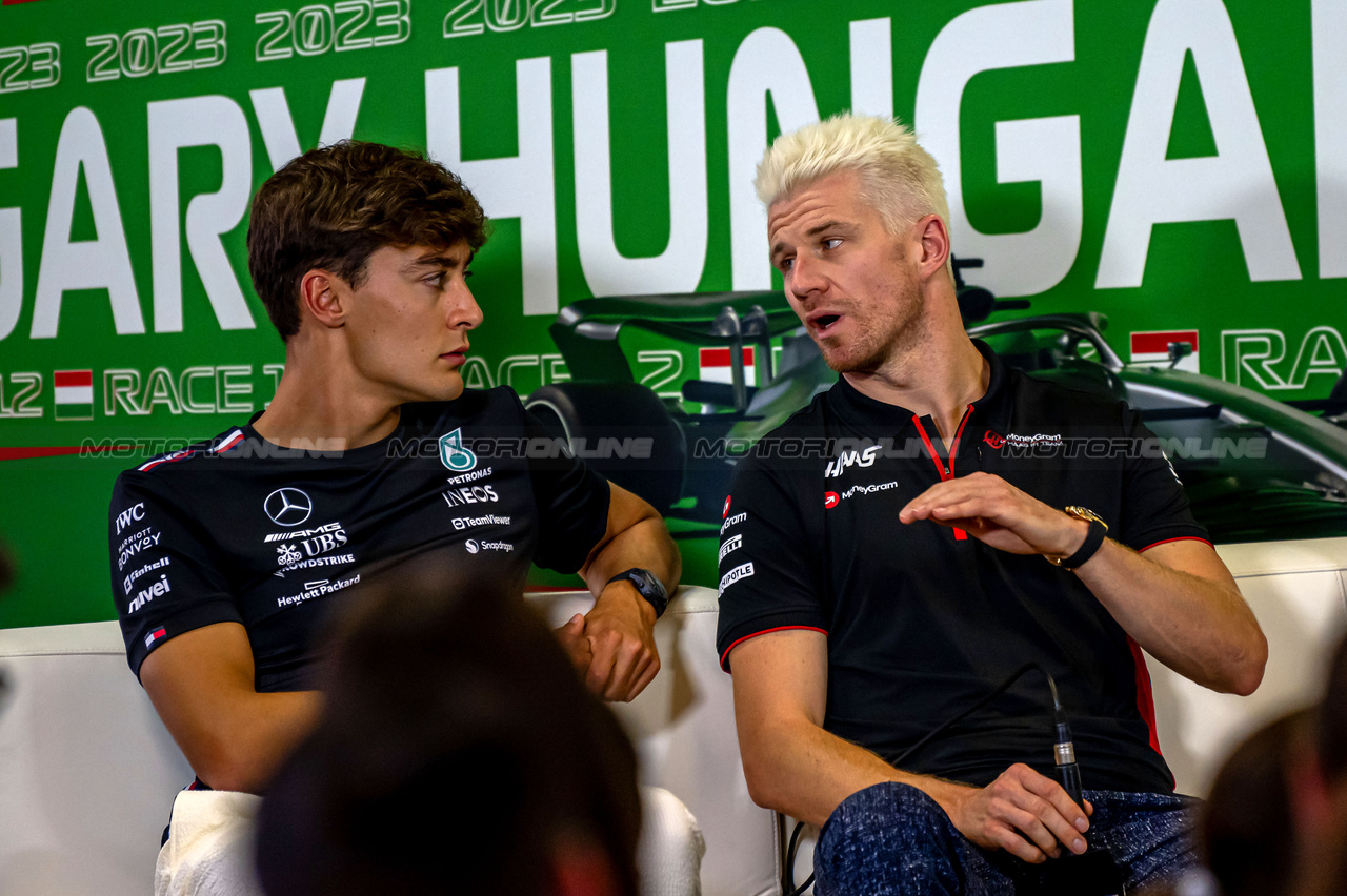 GP UNGHERIA, (L to R): George Russell (GBR) Mercedes AMG F1 e Nico Hulkenberg (GER) Haas F1 Team in the FIA Press Conference.

20.07.2023. Formula 1 World Championship, Rd 12, Hungarian Grand Prix, Budapest, Hungary, Preparation Day.

- www.xpbimages.com, EMail: requests@xpbimages.com © Copyright: XPB Images