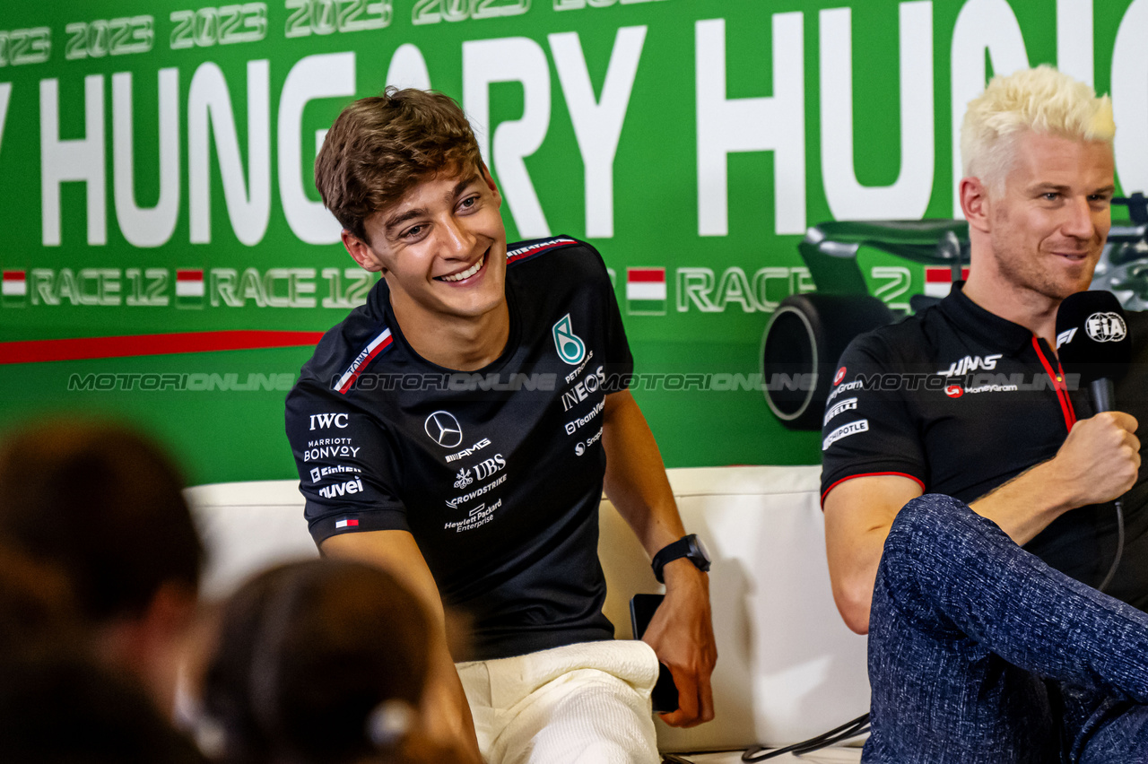 GP UNGHERIA, (L to R): George Russell (GBR) Mercedes AMG F1 e Nico Hulkenberg (GER) Haas F1 Team in the FIA Press Conference.

20.07.2023. Formula 1 World Championship, Rd 12, Hungarian Grand Prix, Budapest, Hungary, Preparation Day.

- www.xpbimages.com, EMail: requests@xpbimages.com © Copyright: XPB Images