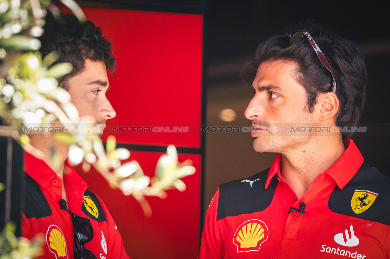 GP UNGHERIA, (L to R): Charles Leclerc (MON) Ferrari with Carlos Sainz Jr (ESP) Ferrari.

20.07.2023. Formula 1 World Championship, Rd 12, Hungarian Grand Prix, Budapest, Hungary, Preparation Day.

- www.xpbimages.com, EMail: requests@xpbimages.com © Copyright: Bearne / XPB Images