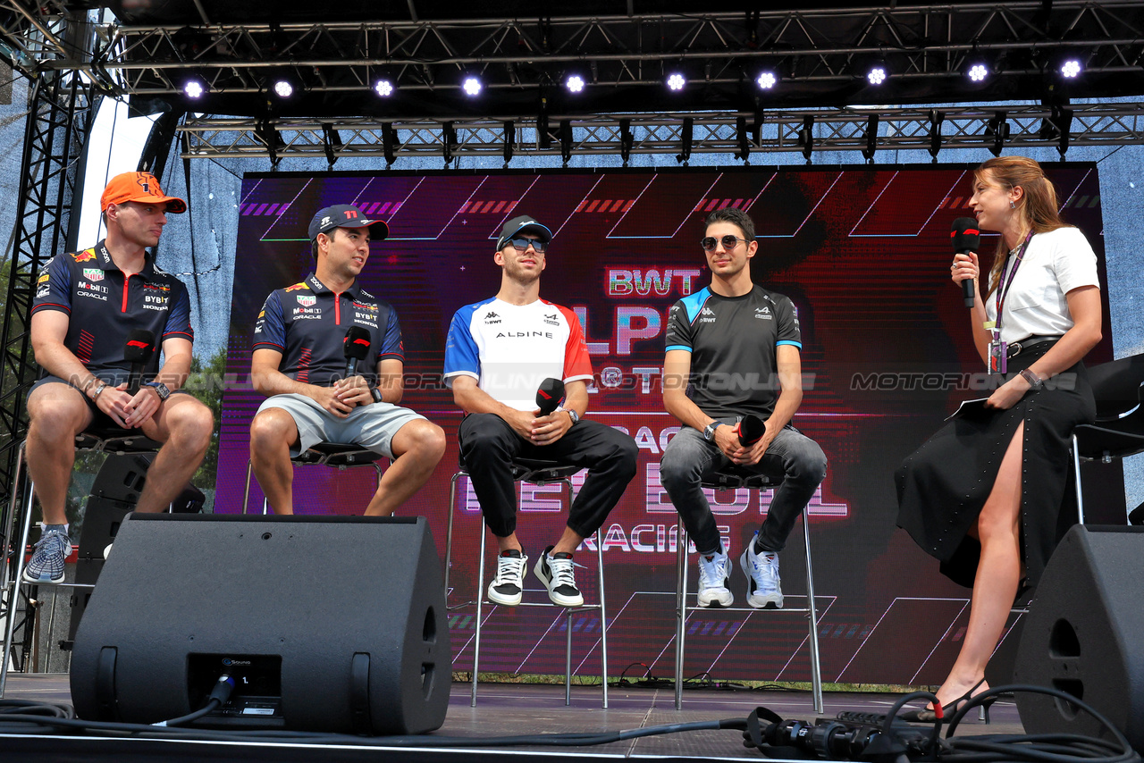 GP UNGHERIA, (L to R): Max Verstappen (NLD) Red Bull Racing; Sergio Perez (MEX) Red Bull Racing; Pierre Gasly (FRA) Alpine F1 Team; e Esteban Ocon (FRA) Alpine F1 Team, on the FanZone Stage.

22.07.2023. Formula 1 World Championship, Rd 12, Hungarian Grand Prix, Budapest, Hungary, Qualifiche Day.

- www.xpbimages.com, EMail: requests@xpbimages.com © Copyright: Moy / XPB Images