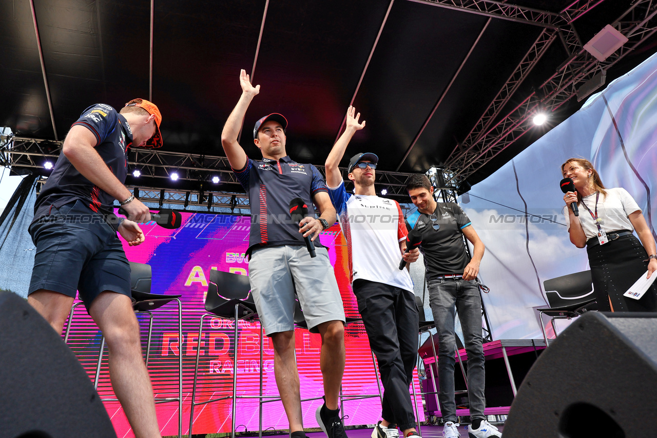 GP UNGHERIA, (L to R): Max Verstappen (NLD) Red Bull Racing; Sergio Perez (MEX) Red Bull Racing; Pierre Gasly (FRA) Alpine F1 Team; e Esteban Ocon (FRA) Alpine F1 Team, on the FanZone Stage.

22.07.2023. Formula 1 World Championship, Rd 12, Hungarian Grand Prix, Budapest, Hungary, Qualifiche Day.

- www.xpbimages.com, EMail: requests@xpbimages.com © Copyright: Moy / XPB Images