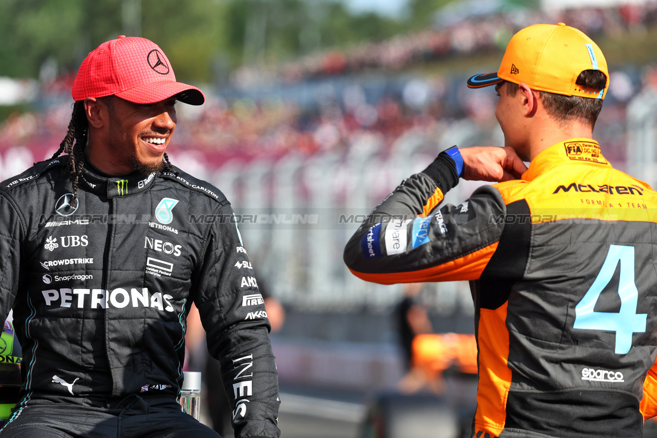 GP UNGHERIA, (L to R): Pole sitter Lewis Hamilton (GBR) Mercedes AMG F1 in qualifying parc ferme with third placed Lewis Hamilton (GBR) Mercedes AMG F1.

22.07.2023. Formula 1 World Championship, Rd 12, Hungarian Grand Prix, Budapest, Hungary, Qualifiche Day.

- www.xpbimages.com, EMail: requests@xpbimages.com © Copyright: Bearne / XPB Images
