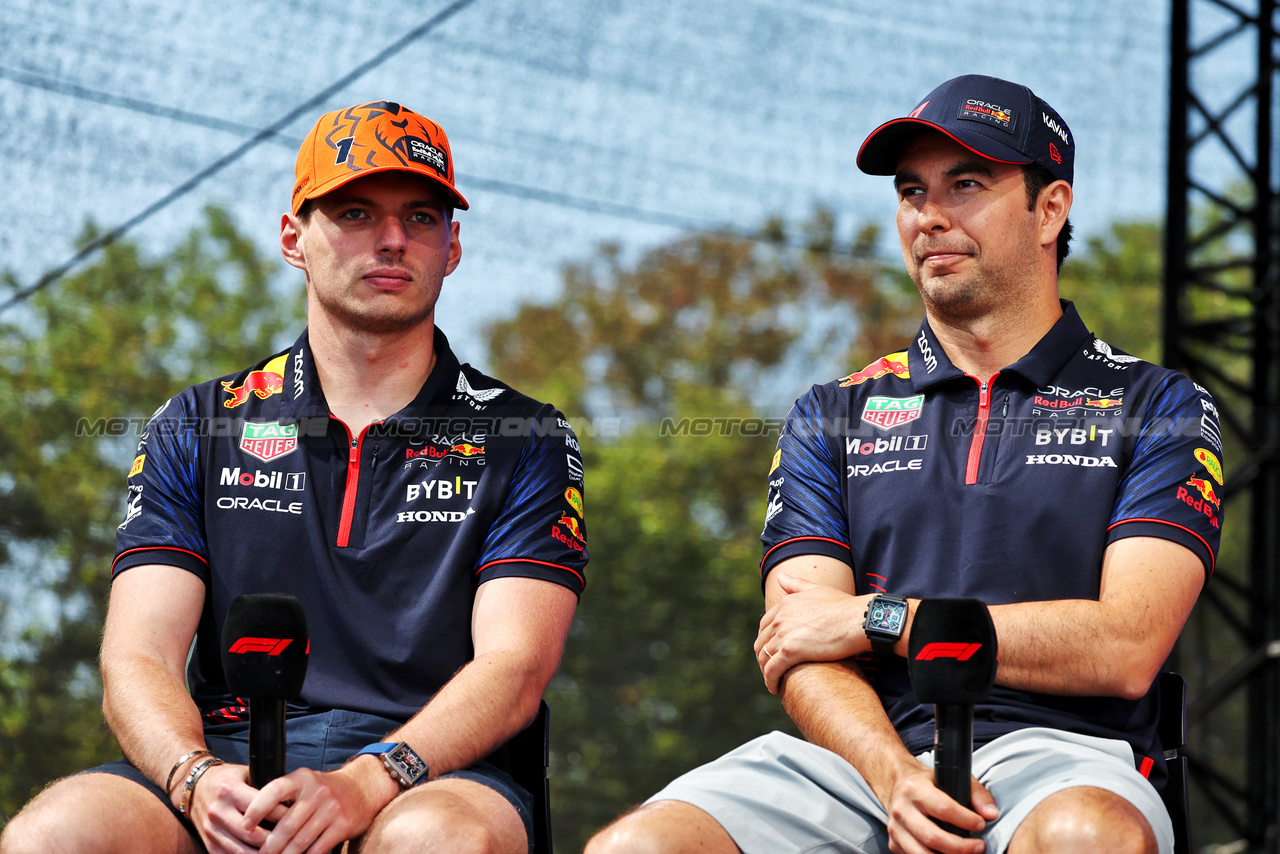 GP UNGHERIA, (L to R): Max Verstappen (NLD) Red Bull Racing e Sergio Perez (MEX) Red Bull Racing on the FanZone Stage.

22.07.2023. Formula 1 World Championship, Rd 12, Hungarian Grand Prix, Budapest, Hungary, Qualifiche Day.

- www.xpbimages.com, EMail: requests@xpbimages.com © Copyright: Moy / XPB Images