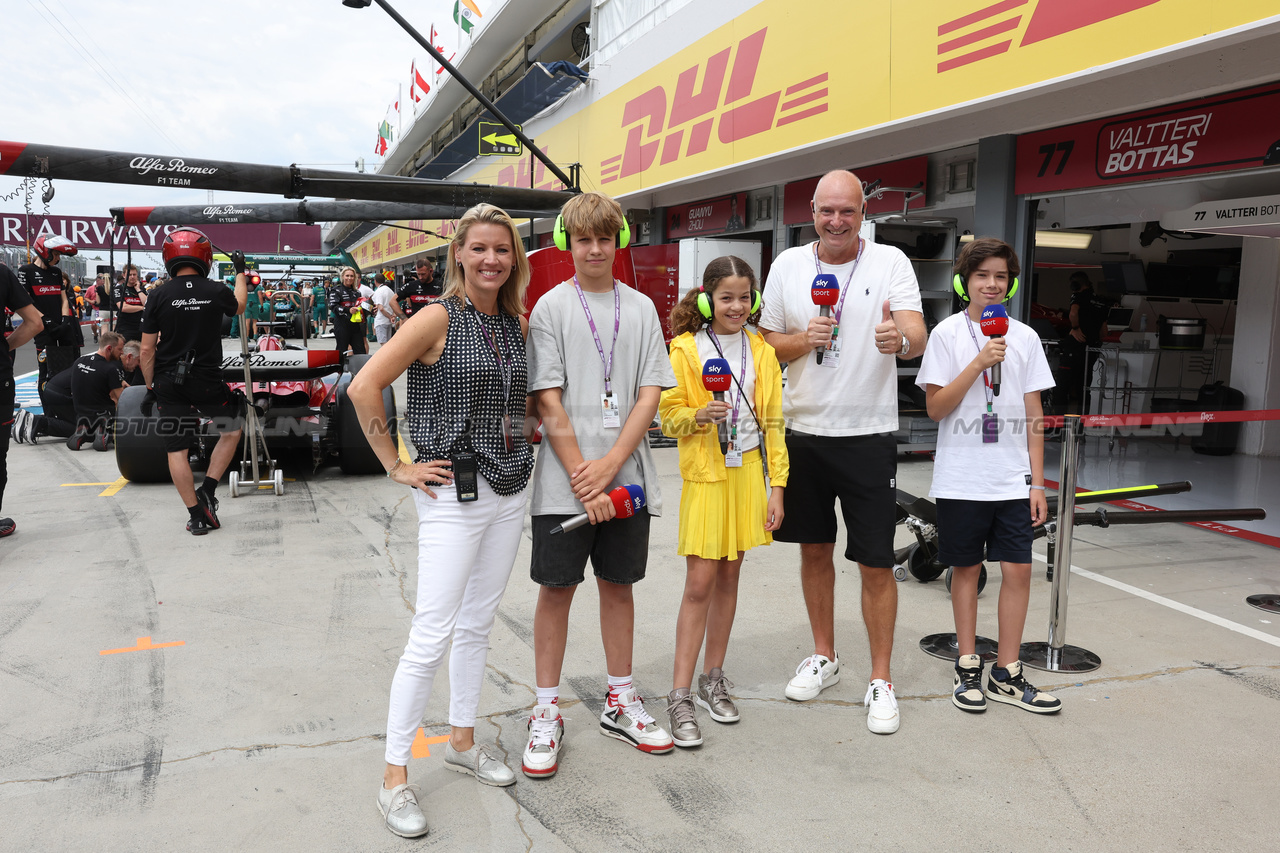 GP UNGHERIA, (L to R): Sandra Baumgartner (GER) Sky Sports Reporter, with Karl (GER) Sky Sports Junior Presenter; Ruby (GER) Sky Sports Junior Presenter; Frank Buschmann (GER) Sky F1 Commentator; e Phoenix (GER) Sky Sports Junior Presenter.

21.07.2023. Formula 1 World Championship, Rd 12, Hungarian Grand Prix, Budapest, Hungary, Practice Day.

- www.xpbimages.com, EMail: requests@xpbimages.com © Copyright: Bearne / XPB Images