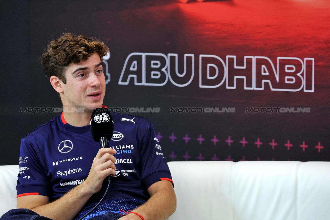GP ABU DHABI, Franco Colapinto (ARG) Williams Racing in the FIA Press Conference.

05.12.2024. Formula 1 World Championship, Rd 24, Abu Dhabi Grand Prix, Yas Marina Circuit, Abu Dhabi, Preparation Day.

- www.xpbimages.com, EMail: requests@xpbimages.com © Copyright: Bearne / XPB Images