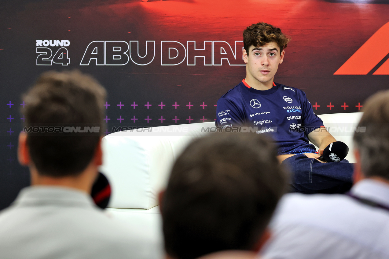 GP ABU DHABI, Franco Colapinto (ARG) Williams Racing in the FIA Press Conference.

05.12.2024. Formula 1 World Championship, Rd 24, Abu Dhabi Grand Prix, Yas Marina Circuit, Abu Dhabi, Preparation Day.

- www.xpbimages.com, EMail: requests@xpbimages.com © Copyright: Bearne / XPB Images