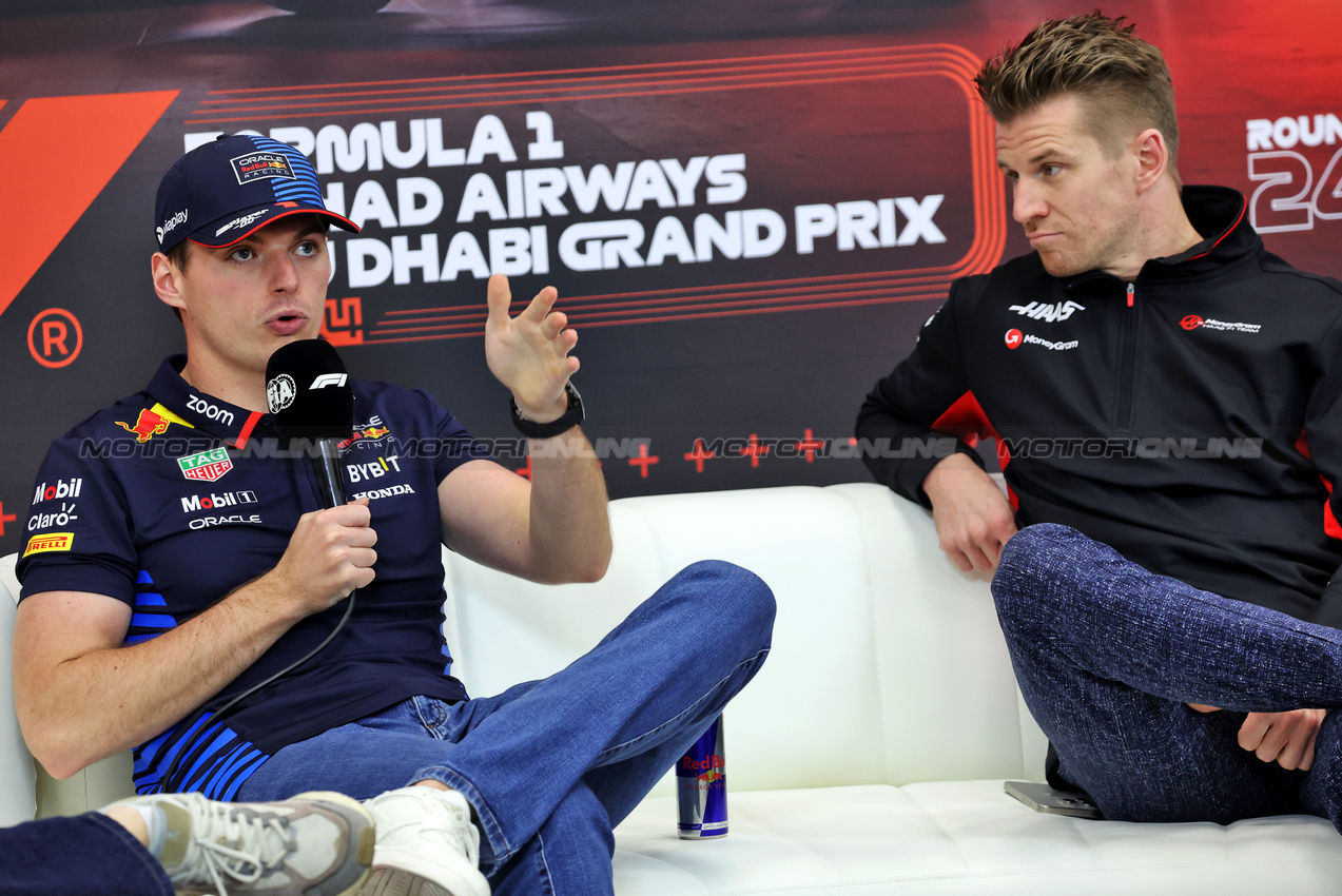 GP ABU DHABI, (L to R): Franco Colapinto (ARG) Williams Racing e Nico Hulkenberg (GER) Haas F1 Team in the FIA Press Conference.

05.12.2024. Formula 1 World Championship, Rd 24, Abu Dhabi Grand Prix, Yas Marina Circuit, Abu Dhabi, Preparation Day.

- www.xpbimages.com, EMail: requests@xpbimages.com © Copyright: Bearne / XPB Images