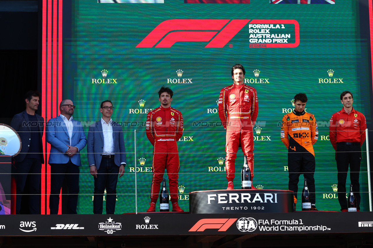 GP AUSTRALIA, 
1st place Carlos Sainz Jr (ESP) Ferrari, 2nd place Charles Leclerc (MON) Ferrari e 3rd place Lando Norris (GBR) McLaren. 24.03.2024. Formula 1 World Championship, Rd 3, Australian Grand Prix, Albert Park, Melbourne, Australia, Gara Day. - www.xpbimages.com, EMail: requests@xpbimages.com © Copyright: Batchelor / XPB Images