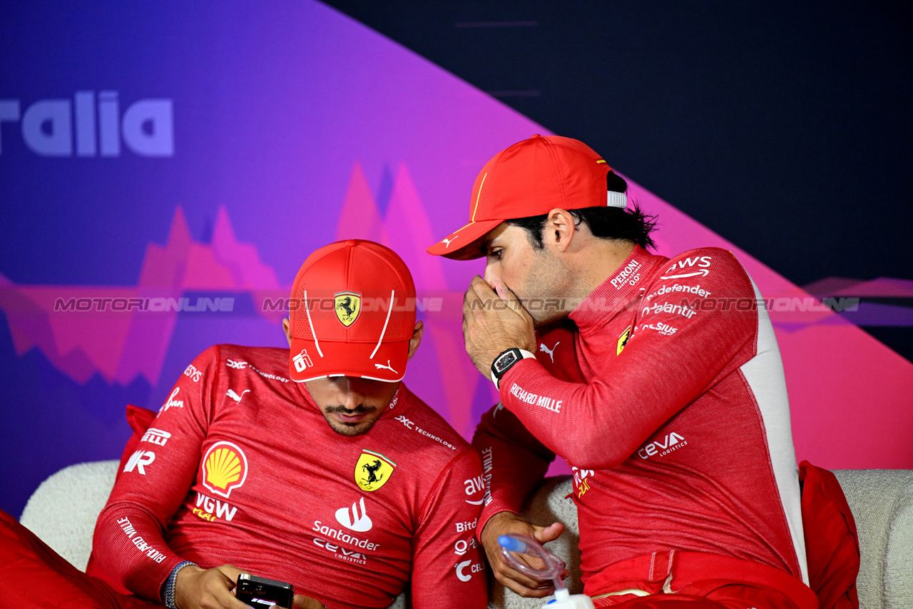 GP AUSTRALIA, (L to R): Charles Leclerc (MON) Ferrari e Carlos Sainz Jr (ESP) Ferrari in the post race FIA Press Conference.

24.03.2024. Formula 1 World Championship, Rd 3, Australian Grand Prix, Albert Park, Melbourne, Australia, Gara Day.

- www.xpbimages.com, EMail: requests@xpbimages.com © Copyright: XPB Images