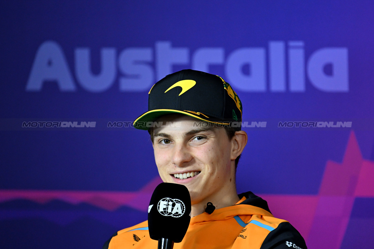 GP AUSTRALIA, Oscar Piastri (AUS) McLaren in the FIA Press Conference.

21.03.2024. Formula 1 World Championship, Rd 3, Australian Grand Prix, Albert Park, Melbourne, Australia, Preparation Day.

- www.xpbimages.com, EMail: requests@xpbimages.com © Copyright: XPB Images