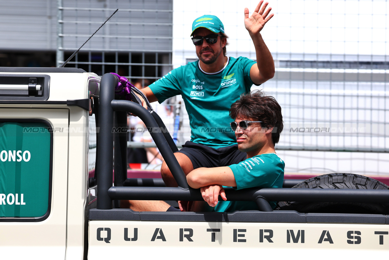 GP AUSTRIA, Lance Stroll (CDN) Aston Martin F1 Team e Fernando Alonso (ESP) Aston Martin F1 Team on the drivers' parade.

30.06.2024. Formula 1 World Championship, Rd 11, Austrian Grand Prix, Spielberg, Austria, Gara Day.

 - www.xpbimages.com, EMail: requests@xpbimages.com © Copyright: Coates / XPB Images