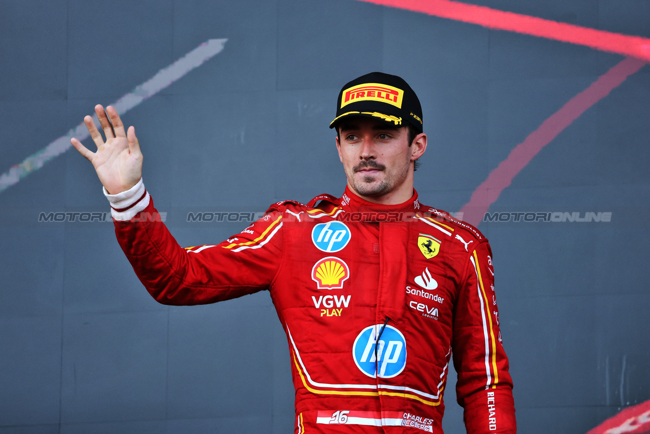 GP AZERBAIJAN, Charles Leclerc (MON) Ferrari celebrates his second position on the podium.

15.09.2024. Formula 1 World Championship, Rd 17, Azerbaijan Grand Prix, Baku Street Circuit, Azerbaijan, Gara Day.

- www.xpbimages.com, EMail: requests@xpbimages.com © Copyright: Batchelor / XPB Images