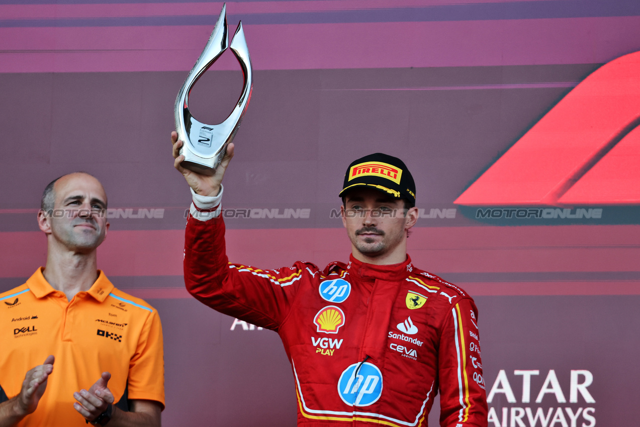 GP AZERBAIJAN, Charles Leclerc (MON) Ferrari celebrates his second position on the podium.

15.09.2024. Formula 1 World Championship, Rd 17, Azerbaijan Grand Prix, Baku Street Circuit, Azerbaijan, Gara Day.

- www.xpbimages.com, EMail: requests@xpbimages.com © Copyright: Batchelor / XPB Images