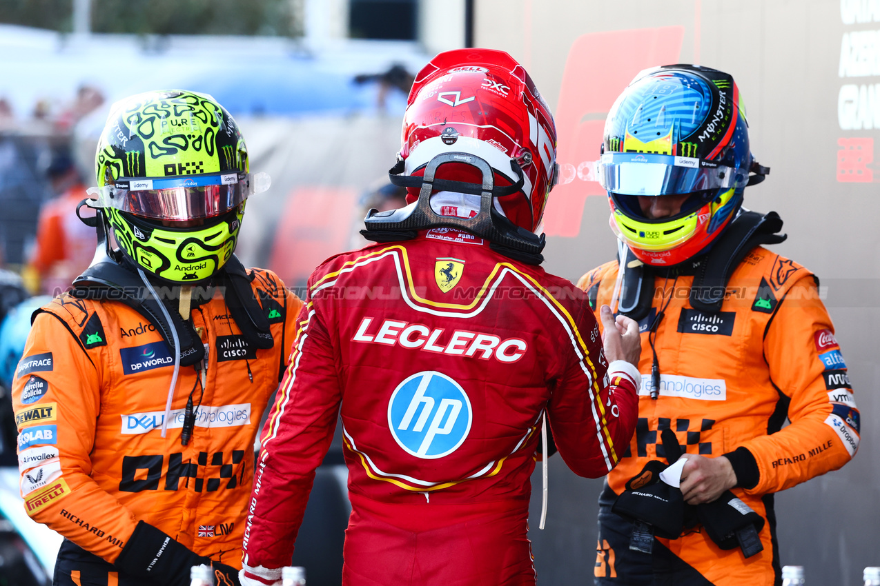 GP AZERBAIJAN, Charles Leclerc (FRA), Ferrari Lando Norris (GBR), McLaren F1 Team Oscar Piastri (AUS), McLaren 
15.09.2024. Formula 1 World Championship, Rd 17, Azerbaijan Grand Prix, Baku Street Circuit, Azerbaijan, Gara Day.
- www.xpbimages.com, EMail: requests@xpbimages.com © Copyright: Charniaux / XPB Images