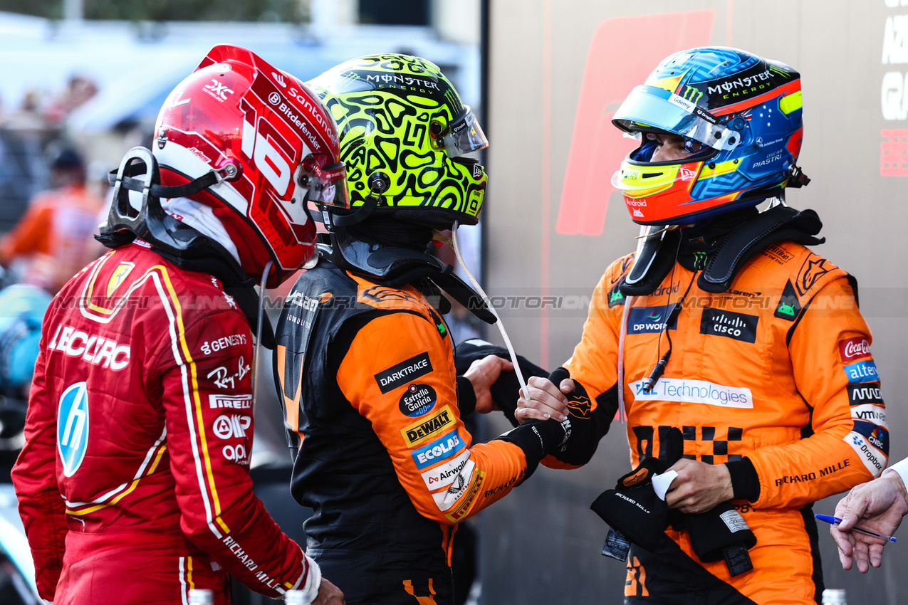 GP AZERBAIJAN, Charles Leclerc (FRA), Ferrari Lando Norris (GBR), McLaren F1 Team Oscar Piastri (AUS), McLaren 
15.09.2024. Formula 1 World Championship, Rd 17, Azerbaijan Grand Prix, Baku Street Circuit, Azerbaijan, Gara Day.
- www.xpbimages.com, EMail: requests@xpbimages.com © Copyright: Charniaux / XPB Images