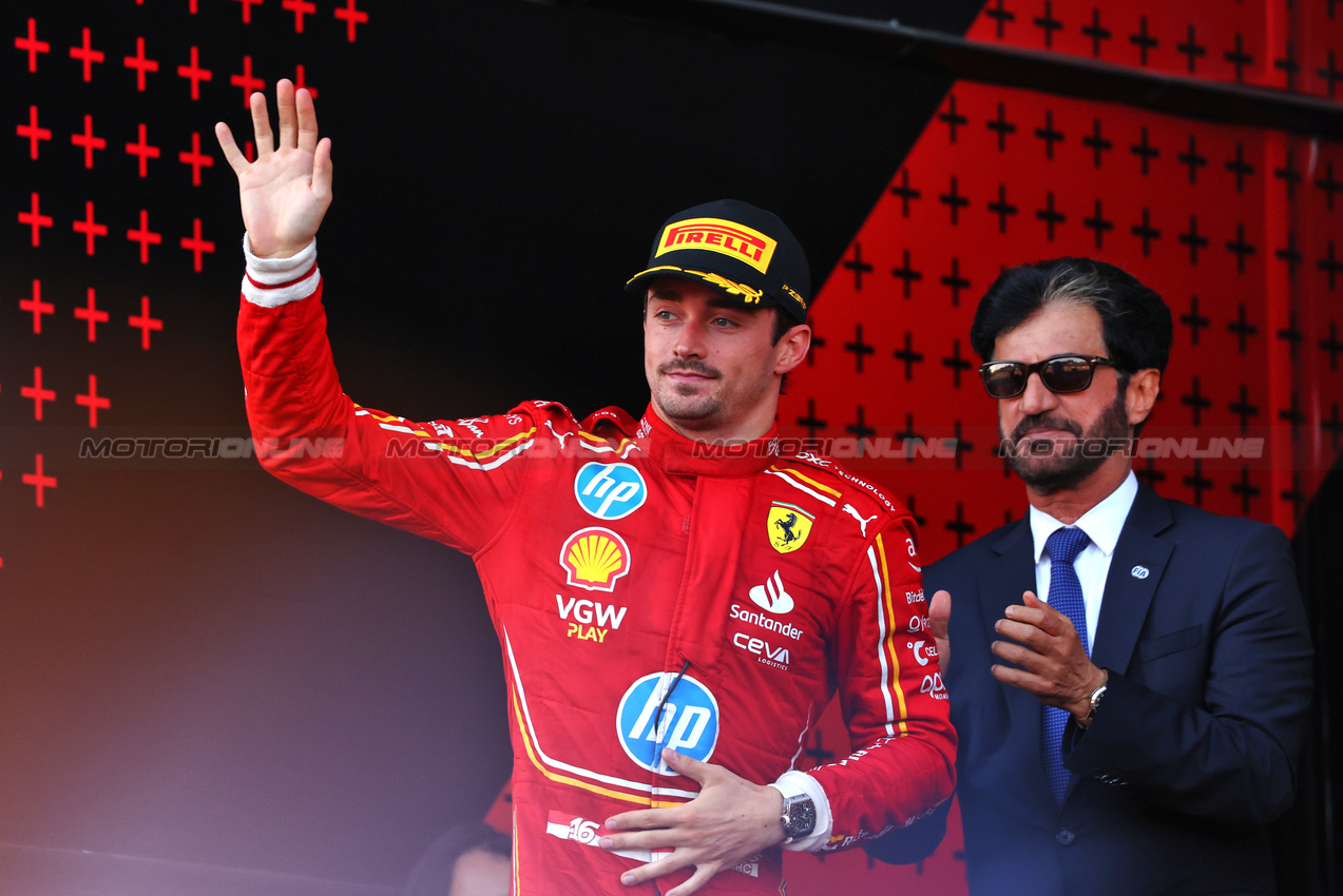 GP AZERBAIJAN, Charles Leclerc (MON) Ferrari celebrates his second position on the podium.

15.09.2024. Formula 1 World Championship, Rd 17, Azerbaijan Grand Prix, Baku Street Circuit, Azerbaijan, Gara Day.

 - www.xpbimages.com, EMail: requests@xpbimages.com © Copyright: Coates / XPB Images