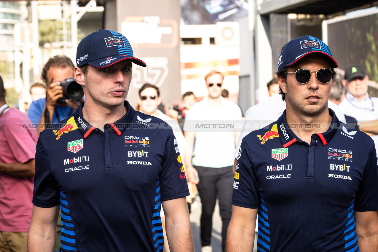 GP AZERBAIJAN, (L to R): Max Verstappen (NLD) Red Bull Racing with team mate Sergio Perez (MEX) Red Bull Racing.

12.09.2024. Formula 1 World Championship, Rd 17, Azerbaijan Grand Prix, Baku Street Circuit, Azerbaijan, Preparation Day.

- www.xpbimages.com, EMail: requests@xpbimages.com © Copyright: Bearne / XPB Images