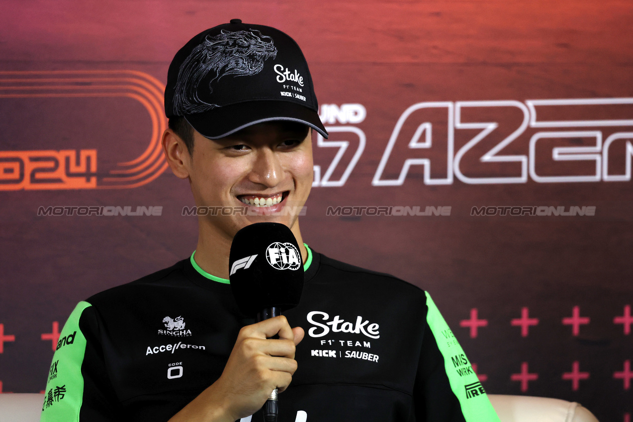 GP AZERBAIJAN, Zhou Guanyu (CHN) Sauber in the FIA Press Conference.

12.09.2024. Formula 1 World Championship, Rd 17, Azerbaijan Grand Prix, Baku Street Circuit, Azerbaijan, Preparation Day.

- www.xpbimages.com, EMail: requests@xpbimages.com © Copyright: Bearne / XPB Images