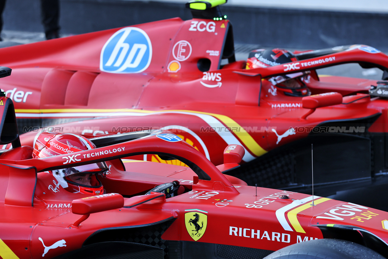 GP AZERBAIJAN, Pole sitter Charles Leclerc (MON) Ferrari SF-24 in parc ferme with third placed team mate Carlos Sainz Jr (ESP) Ferrari.

14.09.2024. Formula 1 World Championship, Rd 17, Azerbaijan Grand Prix, Baku Street Circuit, Azerbaijan, Qualifiche Day.

- www.xpbimages.com, EMail: requests@xpbimages.com © Copyright: Batchelor / XPB Images