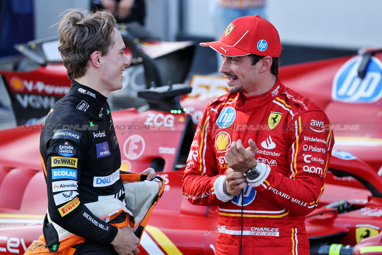 GP AZERBAIJAN, (L to R): Second placed Oscar Piastri (AUS) McLaren in qualifying parc ferme with pole sitter Charles Leclerc (MON) Ferrari.

14.09.2024. Formula 1 World Championship, Rd 17, Azerbaijan Grand Prix, Baku Street Circuit, Azerbaijan, Qualifiche Day.

- www.xpbimages.com, EMail: requests@xpbimages.com © Copyright: Batchelor / XPB Images