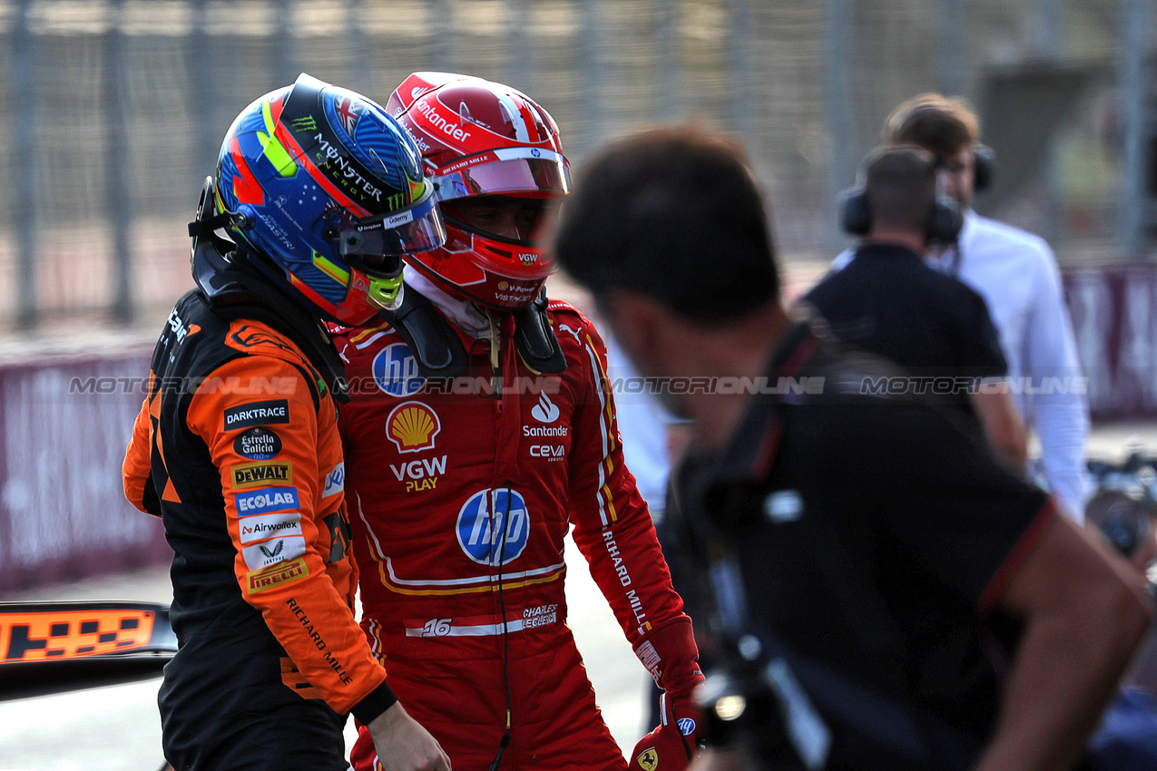 GP AZERBAIJAN, (L to R): Oscar Piastri (AUS) McLaren in qualifying parc ferme with pole sitter Charles Leclerc (MON) Ferrari.

14.09.2024. Formula 1 World Championship, Rd 17, Azerbaijan Grand Prix, Baku Street Circuit, Azerbaijan, Qualifiche Day.

- www.xpbimages.com, EMail: requests@xpbimages.com © Copyright: Bearne / XPB Images